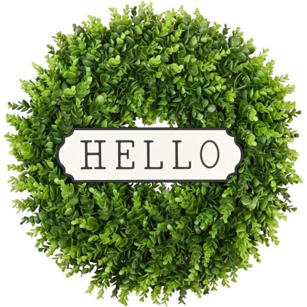 Boxwood Wreath Front Door Wreaths 24'' Artificial Spring Wreath (Hello Sign)